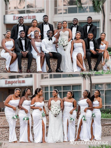 Vestidos de dama de honor blancos sencillos y desiguales, estilo sirena, vestido de invitada de boda económico