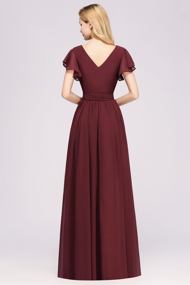 Robe de demoiselle d'honneur élégante en mousseline de soie, coupe trapèze, col en V, manches courtes et ceinture à nœud. Longue robe de soirée.