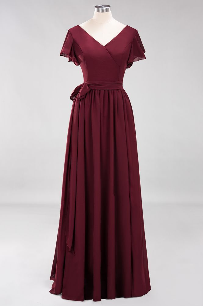 Robe de demoiselle d'honneur élégante en mousseline de soie, coupe trapèze, col en V, manches courtes et ceinture à nœud. Longue robe de soirée.