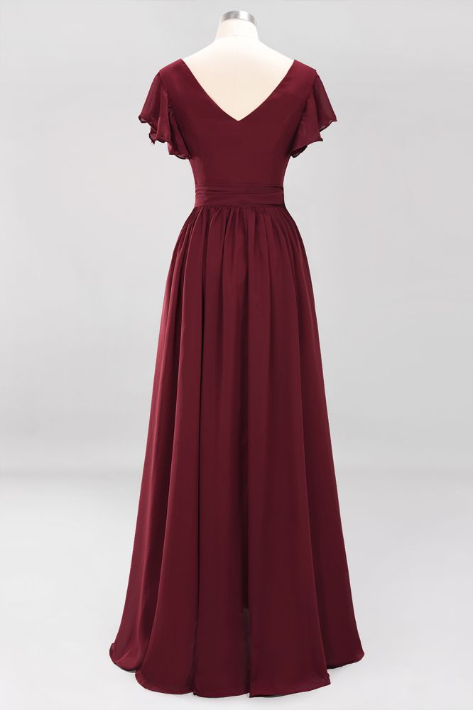 Robe de demoiselle d'honneur élégante en mousseline de soie, coupe trapèze, col en V, manches courtes et ceinture à nœud. Longue robe de soirée.