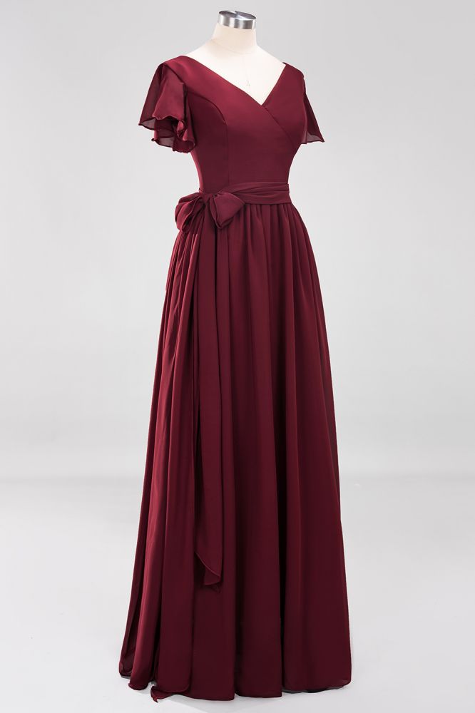 Robe de demoiselle d'honneur élégante en mousseline de soie, coupe trapèze, col en V, manches courtes et ceinture à nœud. Longue robe de soirée.