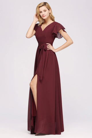 Elegante vestido de noche de gasa con corte en A, escote en V, manga corta y lazo.