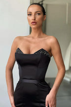 Robes longues de bal sirène noires modernes ornées de perles