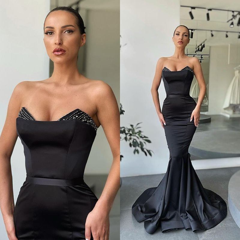 Robes longues de bal sirène noires modernes ornées de perles