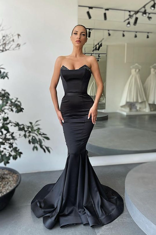 Robes longues de bal sirène noires modernes ornées de perles