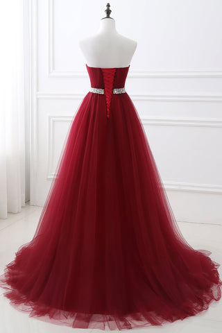 Robe de bal longue bordeaux moderne, robe de soirée en tulle et cristaux, décolleté cœur