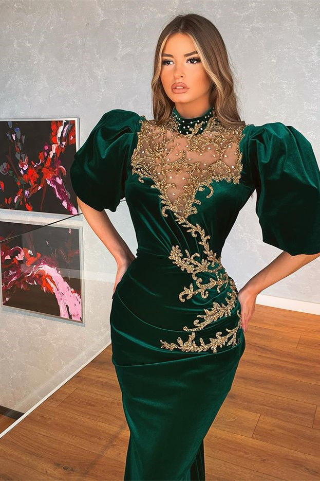 Robe de bal sirène moderne vert foncé à manches bouffantes et appliques