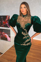 Robe de bal sirène moderne vert foncé à manches bouffantes et appliques