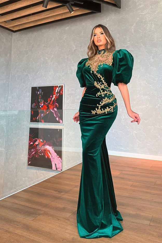Robe de bal sirène moderne vert foncé à manches bouffantes et appliques