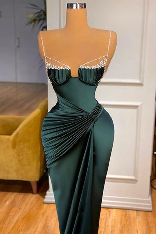 Modern Dark Green Mermaid Prom Dress With Beadings Spaghetti-Straps