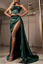 Modern Dark Green Prom Dress Long Split Spaghetti-Straps