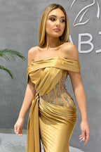 Modern Gold Mermaid Prom Dress Appliques With Ruffles Off-the-Shoulder