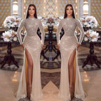 Modern High Neck Long Sleeves Prom Dresses Mermaid Sequins With Slit