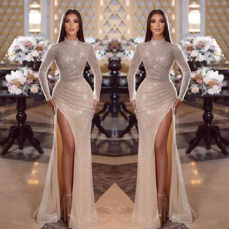 Modern High Neck Long Sleeves Prom Dresses Mermaid Sequins With Slit