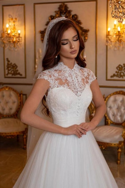 Robes de mariée modernes longues sans manches en dentelle, coupe trapèze