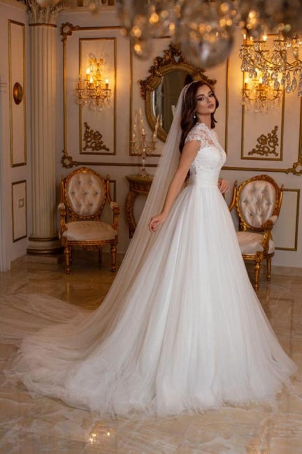 Robes de mariée modernes longues sans manches en dentelle, coupe trapèze