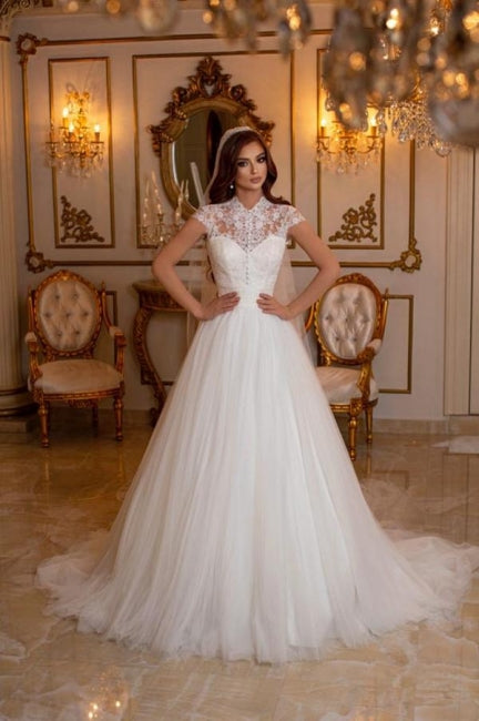 Robes de mariée modernes longues sans manches en dentelle, coupe trapèze
