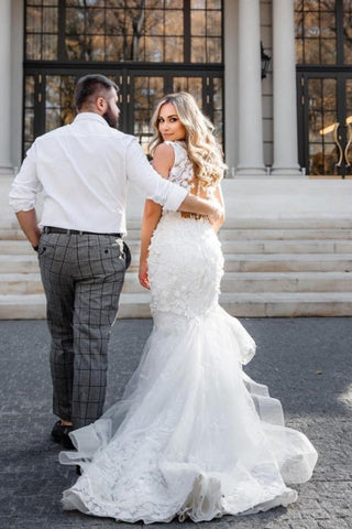 Vestidos de novia modernos largos de sirena sin mangas con apliques y encaje