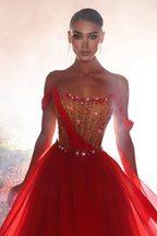 Robe de bal moderne longue rouge en mousseline de soie à épaules dénudées et perles