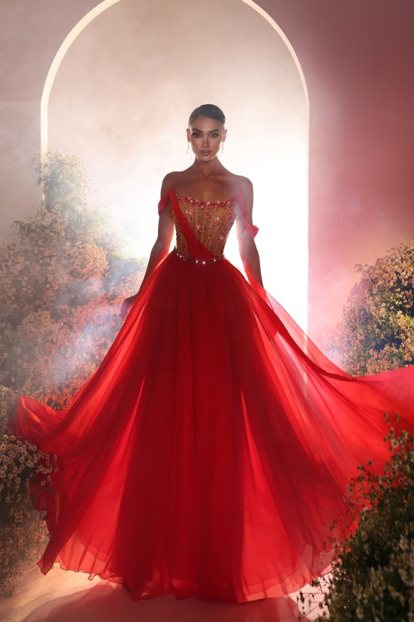 Robe de bal moderne longue rouge en mousseline de soie à épaules dénudées et perles