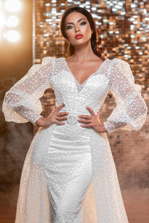 Robes de mariée modernes à paillettes, col en V et manches longues