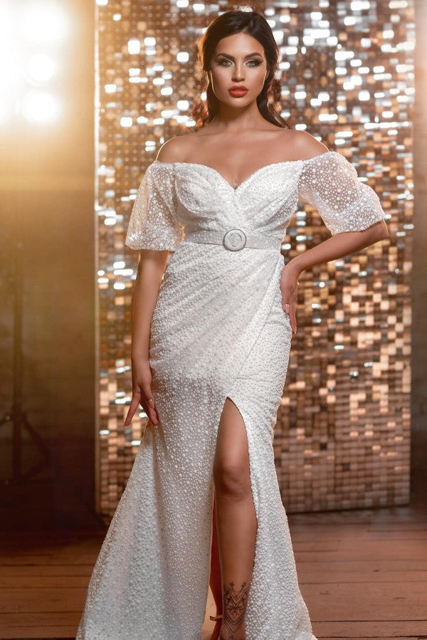 Robes de mariée modernes à paillettes, col en V et manches longues
