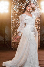 Robes de mariée modernes à paillettes, col en V et manches longues