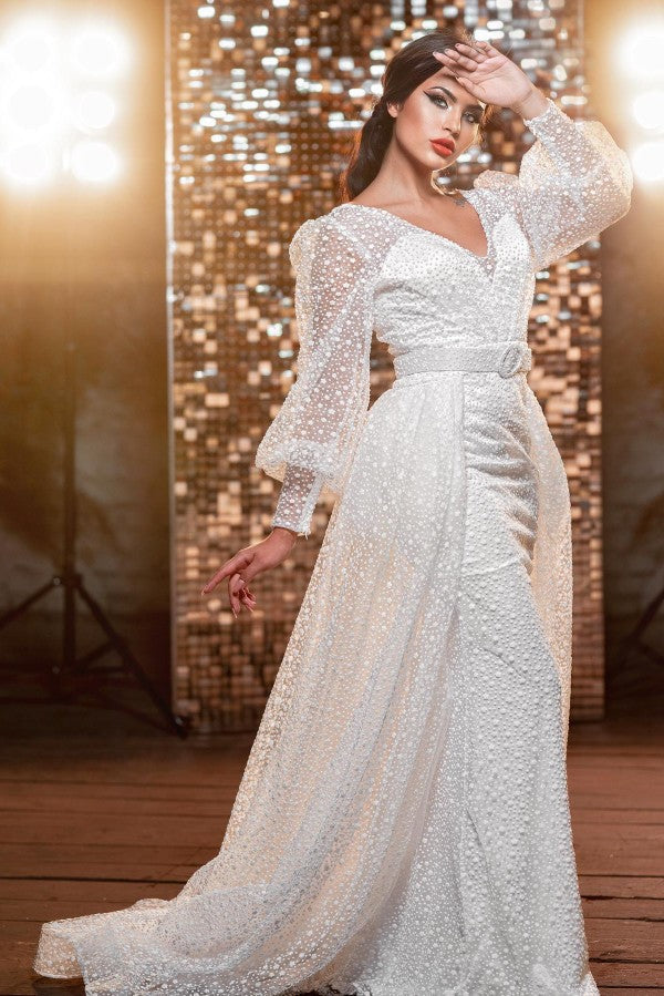 Robes de mariée modernes à paillettes, col en V et manches longues