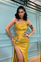 Modern Mermaid Evening Dress Appliques Split Strapless