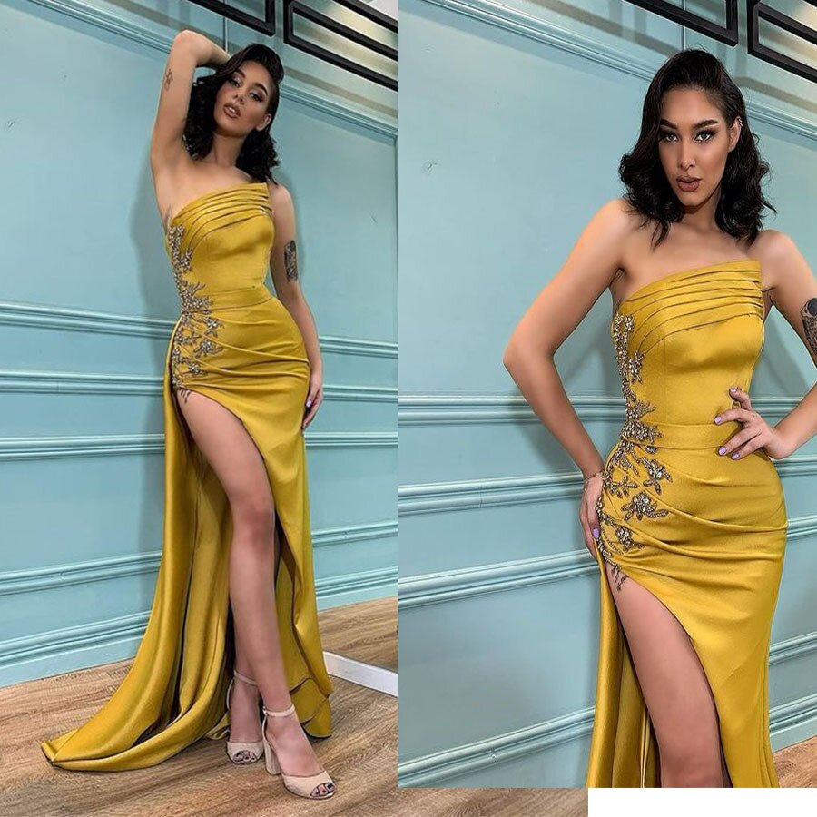 Modern Mermaid Evening Dress Appliques Split Strapless