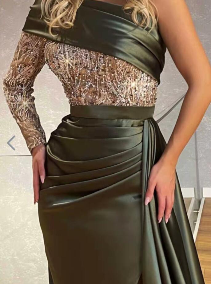 Modern Mermaid Prom Dress Beadings With Split Long Sleeves