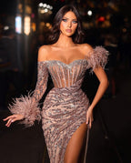Modern Off-the-Shoulder Sequins Prom Dresses Dusty Pink Mermaid With Feather