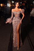 Modern Off-the-Shoulder Sequins Prom Dresses Dusty Pink Mermaid With Feather