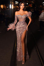 Modern Off-the-Shoulder Sequins Prom Dresses Dusty Pink Mermaid With Feather