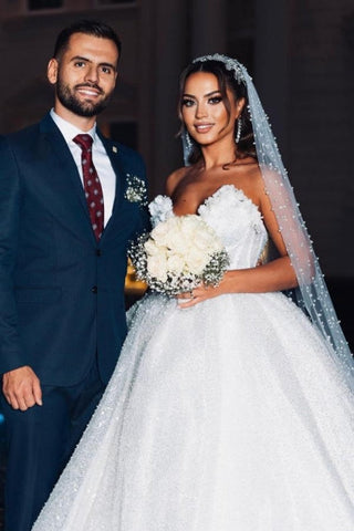 Vestidos de novia modernos de princesa, sin mangas, corte en A, con brillo