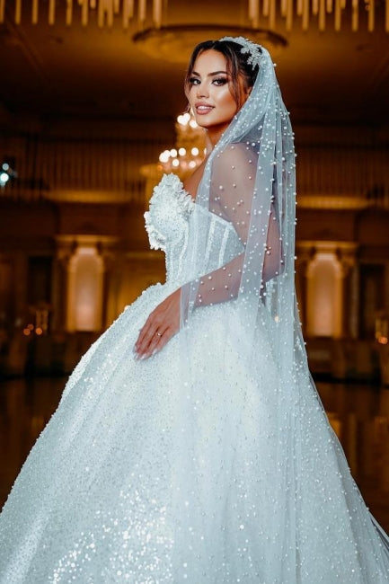 Robe de mariée moderne de princesse sans manches, coupe trapèze, ornée de paillettes