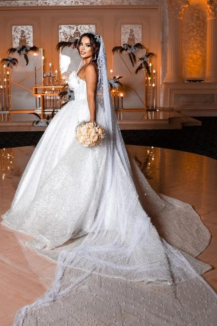 Robe de mariée moderne de princesse sans manches, coupe trapèze, ornée de paillettes