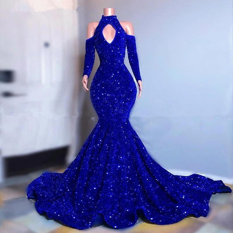 Robe de bal sirène longue bleu roi moderne à sequins et manches longues