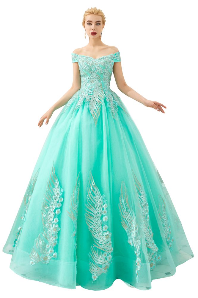 Modern Sleeveless aline Ball Gown Gold Appliques Off the Shoulder Tulle Party Gowns