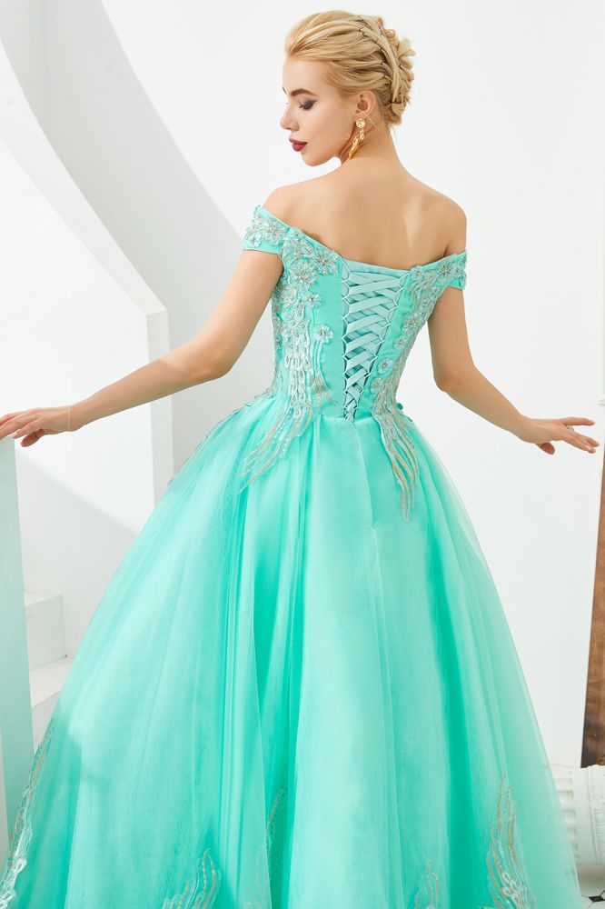 Modern Sleeveless aline Ball Gown Gold Appliques Off the Shoulder Tulle Party Gowns