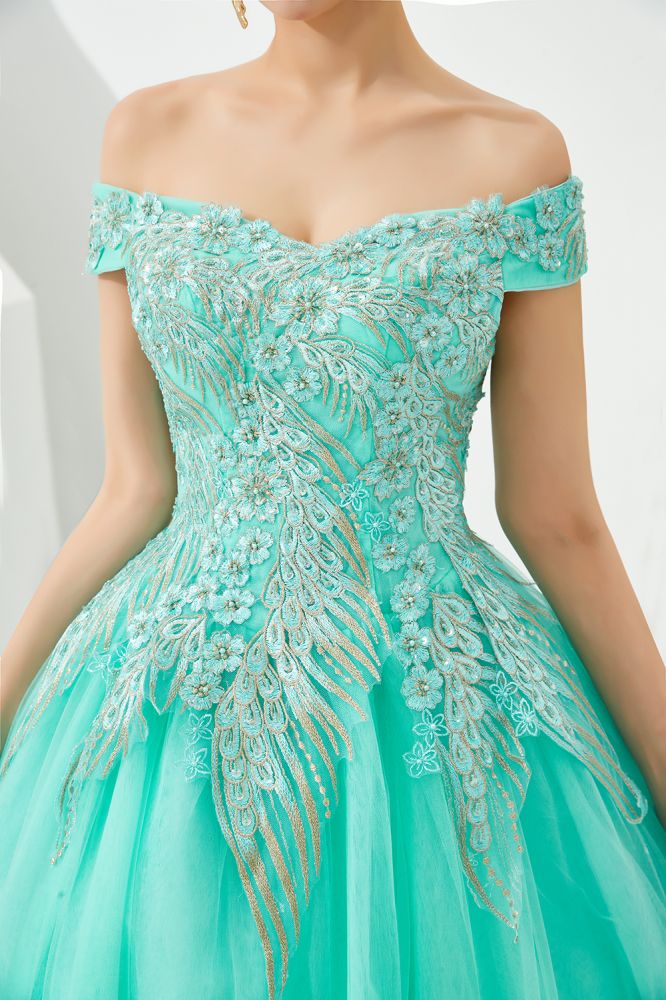 Modern Sleeveless aline Ball Gown Gold Appliques Off the Shoulder Tulle Party Gowns