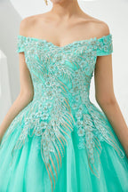 Modern Sleeveless aline Ball Gown Gold Appliques Off the Shoulder Tulle Party Gowns