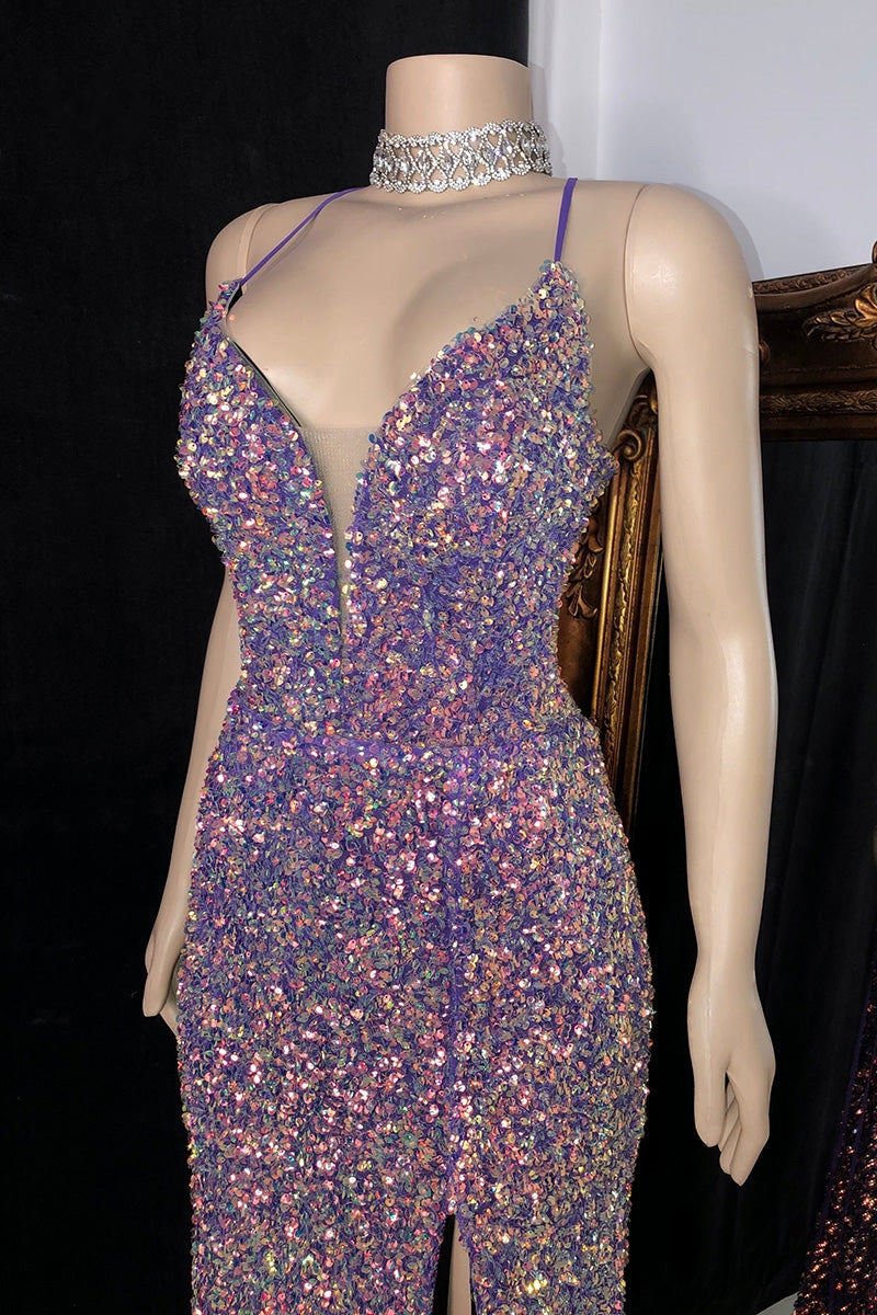 Modern Spaghetti-Straps Sequins Prom Dresses Mermaid Sleeveless With Slit