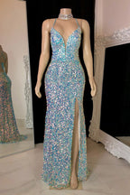 Modern Spaghetti-Straps Sequins Prom Dresses Mermaid Sleeveless With Slit