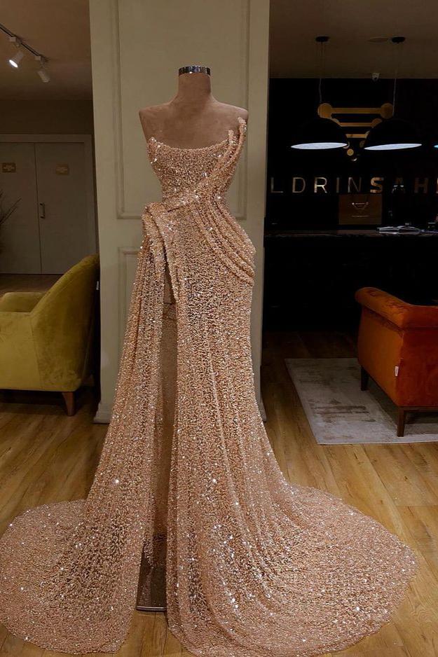 Modern Strapless Mermaid Prom Dress Long Split Sequins