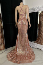 Modern V-Neck Sleeveless Prom Dress Mermaid Sequins With Split