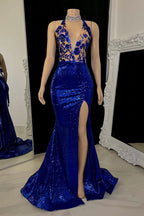 Modern V-Neck Sleeveless Prom Dress Mermaid Sequins With Split