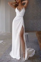 Modern White Beadings Prom Dress Long Slit Spaghetti-Starps