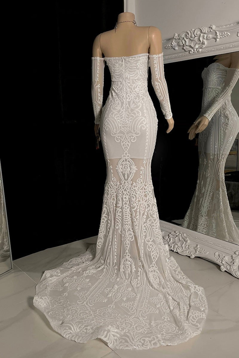 Modern White Long Sleeves Mermaid Prom Dress Off-the-Shoulder Long