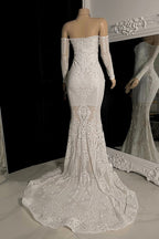 Modern White Long Sleeves Mermaid Prom Dress Off-the-Shoulder Long
